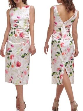 Eliza J Women’s Boat Neck Sleeveless White Floral Shirred Waist Midi Dress Sz 10